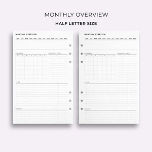 Monthly Overview, Half Letter Size Printable Monthly Planner, Monthly ...