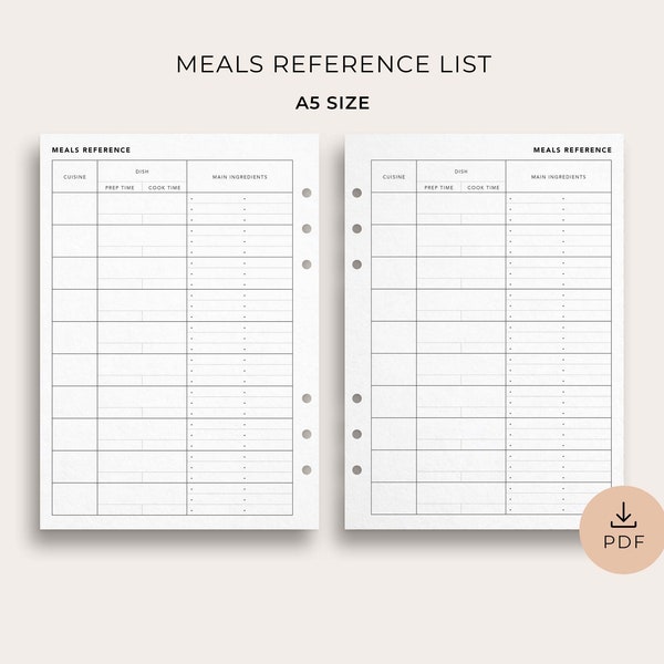 Favorite Meals Reference List for Family Meal Planner and Kitchen Organization, A5 Size - Printable Template for Home Management Binder