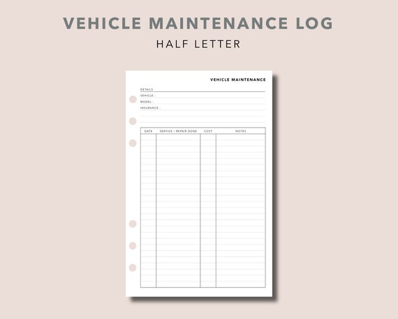 Half Letter Vehicle Maintenance Log For Cars And Automobiles Etsy
