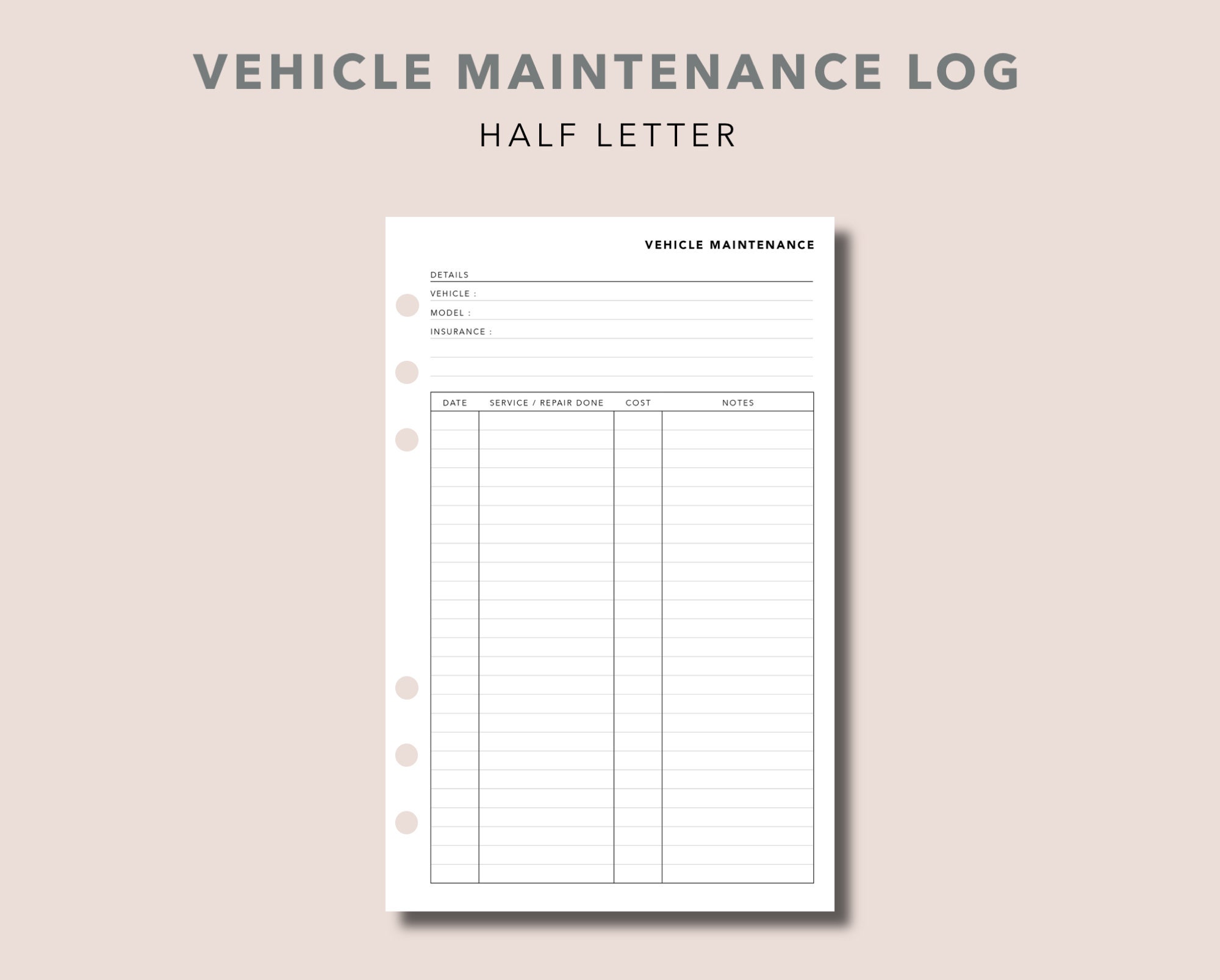 Printable Planner A5 A4 Planner inserts Prints Letter Car Maintenance Log Vehicle Tracker Digital Instant Download pdf
