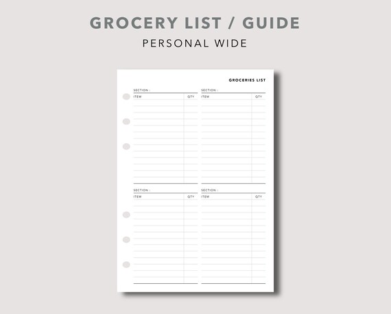 personal wide grocery list template with category printable etsy canada