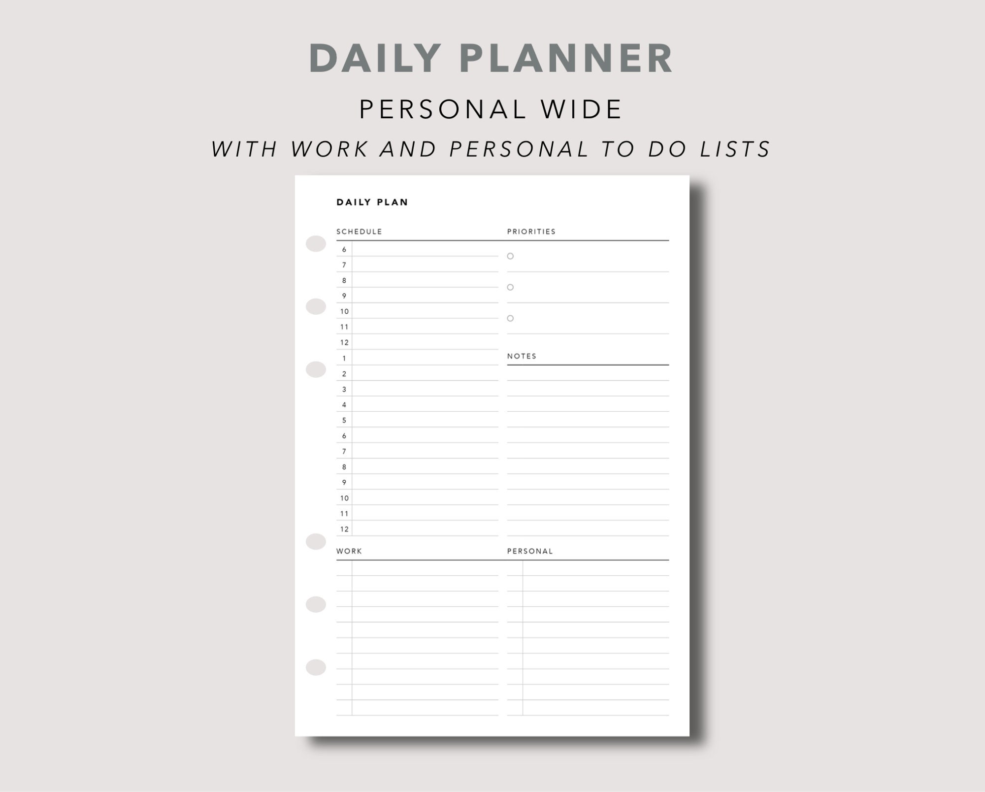 Paper Daily To Do List Digital PDF Personal wide Planner Download
