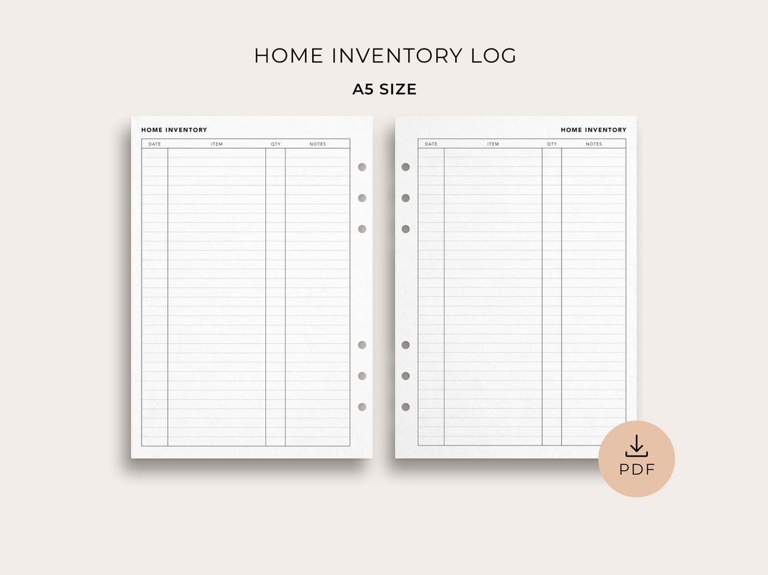 Home Inventory Log, A5 Size Printable Planner for Home and Kitchen ...