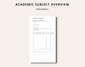 Personal Academic Subject Overview, Course Overview, Academic Planner for College Students, Personal Size Printable Planner PDF