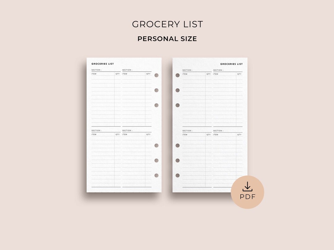 Printable Grocery List Template, Personal Size Master Grocery List for ...