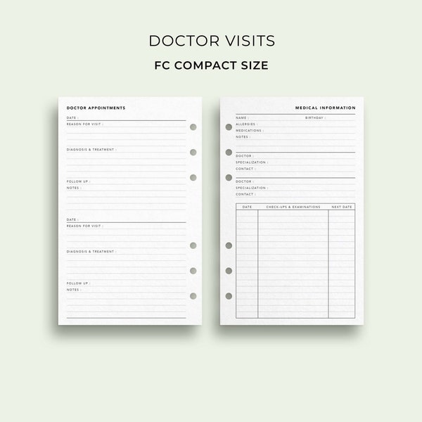 Doctors Appointment Log and Medical Planner, FC Compact Size - Printable Health Tracker, Medical Records, Doctor Visit Log