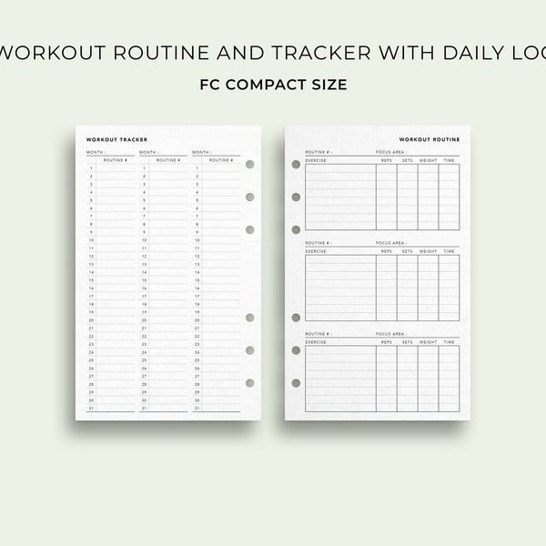 Workout Routine Planner and Tracker with Daily Log, FC Compact Size - Printable Fitness Tracker, Fitness Planner, Wellness Planner