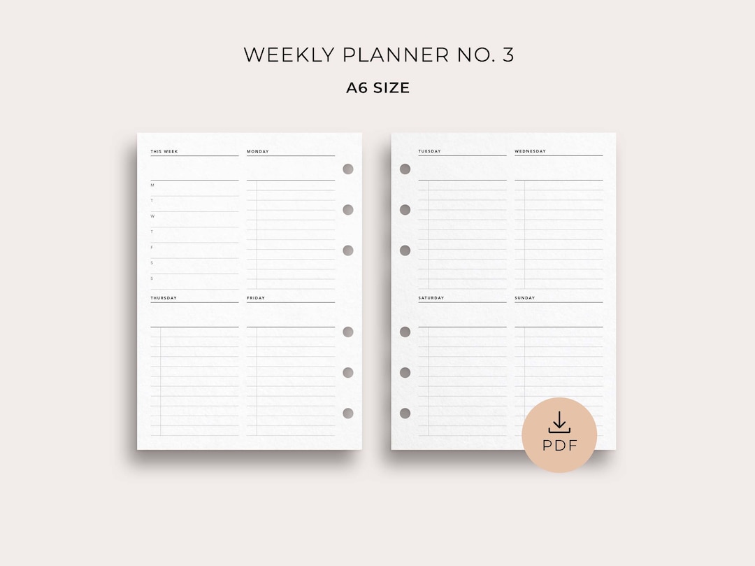 Weekly Planner No. 3, A6 Size Printable Undated Week on Two Pages ...