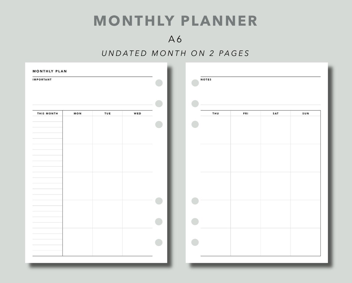 A6 Monthly Planner Printable Month on 2 Pages With Undated - Etsy