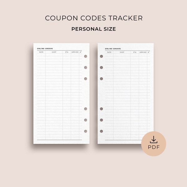 Coupon Code Tracker, Personal Size - Printable Discount Code List, Coupon Organizer, Home Binder Planner Template