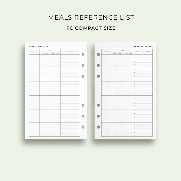 Meal Reference List, FC Compact Size - Printable Family Meal Planner, Home Organization Planner Printable, Minimal Recipe Card