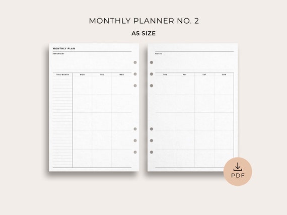 Monthly Planner No. 2, A5 Size Printable Month on 2 Pages, Undated Calendar,  Monthly Organizer, Printable Monthly Template - Etsy