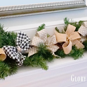 Rustic Buffalo Check and Burlap Holiday Garland, Shabby Chic, Rustic Vintage Farmhouse Garland, Holiday Mantle Greenery Swag Decor