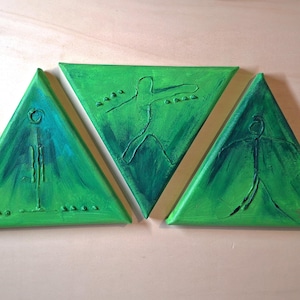 Set med 3 akrylmålningar – Abstrakt minimalistisk konst i grönt – Små canvastavlor med texturpasta och linjefigurer, modern väggdekor, unika verk