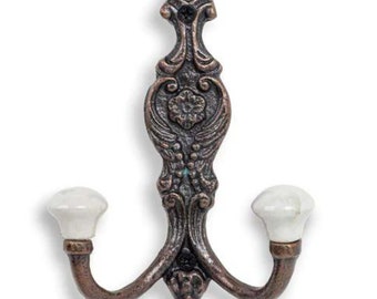 Cast antique COPPER finish French Style Double White ceramic tip Coat Hook - Retro Antique Finish