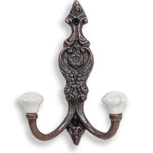 Cast antique COPPER finish French Style Double White ceramic tip Coat Hook - Retro Antique Finish