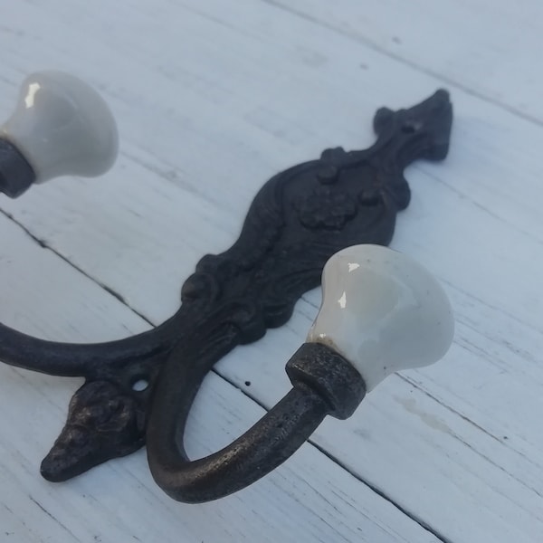 Cast antique Iron French Style Double White ceramic tip Coat Hook - Retro Antique Finish Cast antique Iron