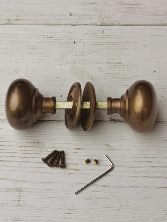 Cottage Door Knob Handle Hollow Natural antique aged Brass 55mm Antique Old Period Traditional Brass & Mortice Rim Lock Handles Sold as Pair