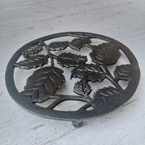Puede incluir: Un salvamanteles redondo de hierro fundido con un diseño de hojas y ramas. El salvamanteles es de color gris oscuro y tiene un borde elevado. Las hojas y ramas están intrincadamente detalladas, creando un accesorio de cocina decorativo y funcional.