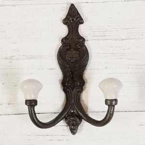 Cast antique Iron French Style Double White ceramic tip Coat Hook - Retro Antique Finish Cast antique Iron