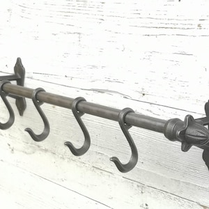 Kitchen utensils pipe hook rail rack with finial ends wall mounted with 4 kitchen sliding hooks, pots/pans