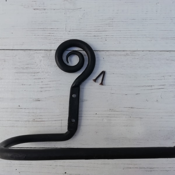 BLACK Toilet Roll Holder Curly Tail Hand-Forged antique Iron 150mm Rustic/Vintage Decor, Bathroom Decor, Loo Roll Holder