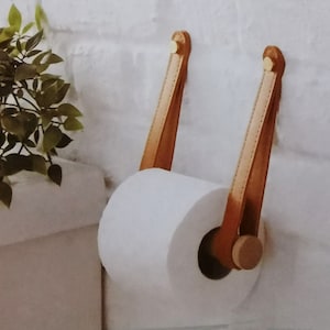 Portarotolo di carta igienica in similpelle marrone e legno in stile scandinavo, da parete, arredo bagno
