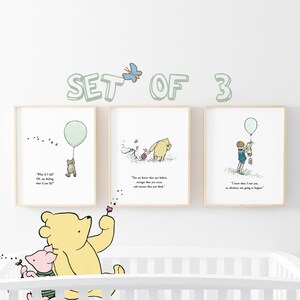 SET van 3 Winnie de Poeh citaten, pastel groene ballonnen, geboorte, doop, kinderkamer foto cadeau, kinderkamer decor, Poeh Bear Classic Vintage