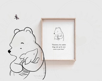 Sometimes the smallest...Winnie the Pooh Quote, Christening, Nursery Picture Gift, Nursery Decor, Pooh Bear Classic Vintage Black and White