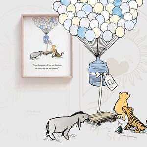 Leave footprints of love and kindness, Winnie the Pooh BLUE, Hand-colored, Nursery Art Gift, Nursery Decor, Pooh classic Nursery wall art