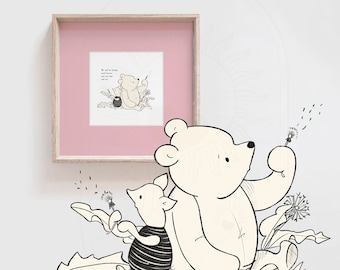 Seremos amigos para siempre, impresión con cita de Winnie the Pooh, con tapete, impresiones para guardería, Pooh Bear Classic Vintage