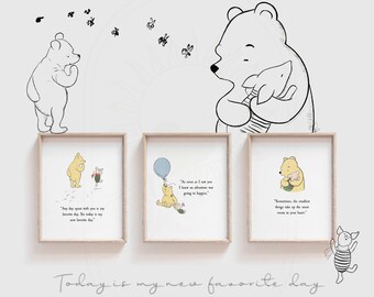 SET of 3 Winnie the Pooh Quotes, Pastel Balloons, PRINTED & SHIPPED, Nursery Prints, Nursery Decor, Pooh Bear Classic Vintage