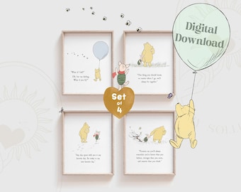 SET von 4 Winnie the Pooh Zitat, SOFORTIGER DOWNLOAD, Geburt, Taufe, Kinderzimmer Bild Geschenk, Kinderzimmer Dekor, Pooh Bear Classic Vintage
