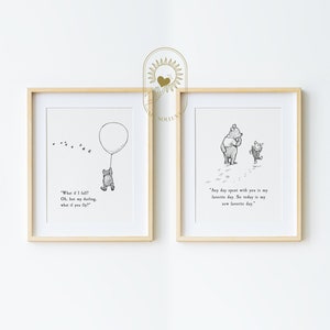 SET of 2 Winnie the Pooh Quote, PRINTED & SHIPPED, Birth, Christening, Nursery Picture Gift, Nursery Decor, Pooh Bear Classic Vintage B/W