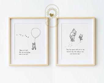 SET of 2 Winnie the Pooh Quote, PRINTED & SHIPPED, Birth, Christening, Nursery Picture Gift, Nursery Decor, Pooh Bear Classic Vintage B/W