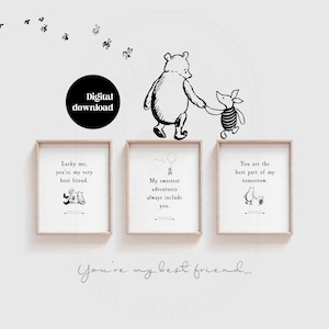 SET of 3 Winnie the Pooh Quotes, Vintage Black and White, DIGITAL PRINTS, Downloadable, Nursery Prints, Nursery Decor, Pooh Bear Classic