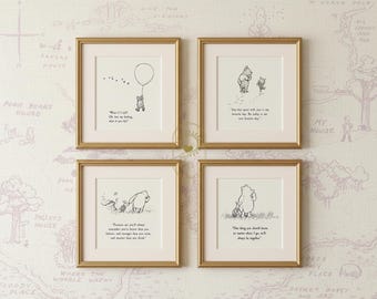 Set of 4 Classic Vintage Winnie the Pooh Prints, Black and White, Nursery Wall Art