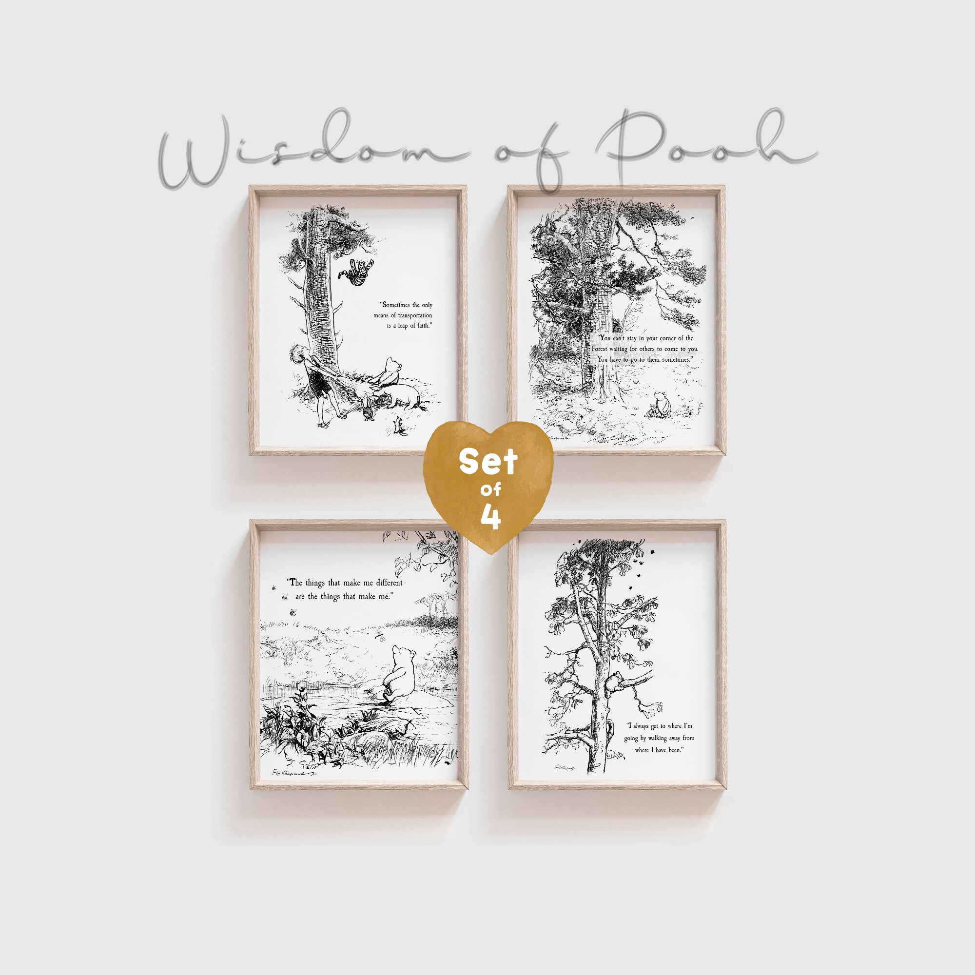 SET of 4 Inspiring Winnie the Pooh Quote, PRINTED & SHIPPED, Birth, Christening, Nursery Art Gift, Nursery Decor, Pooh Bear Classic Vintage
