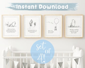 SET von 4 Winnie the Pooh Zitat, INSTANT DOWNLOAD, Geburt, Taufe, Kinderzimmer Bild Geschenk, Kinderzimmer Dekor, Pooh Bear Classic Vintage