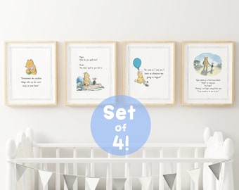 SET of 4 Winnie the Pooh Quote, INSTANT DOWNLOAD, Birth, Christening, Nursery Picture Gift, Nursery Decor, Pooh Bear Classic Vintage Colored