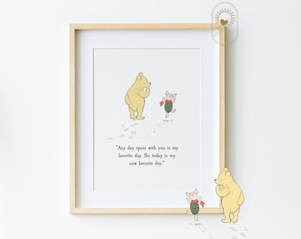 Cualquier día que pase contigo... Cita de Winnie the Pooh, bautizo, regalo de arte para guardería, decoración de guardería, oso Pooh clásico vintage coloreado