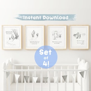 SET of 4 Winnie the Pooh Quote, INSTANT DOWNLOAD, Birth, Christening, Nursery Picture Gift, Nursery Decor, Pooh Bear Classic Vintage