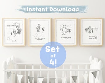 SET of 4 Winnie the Pooh Quote, INSTANT DOWNLOAD, Birth, Christening, Nursery Picture Gift, Nursery Decor, Pooh Bear Classic Vintage