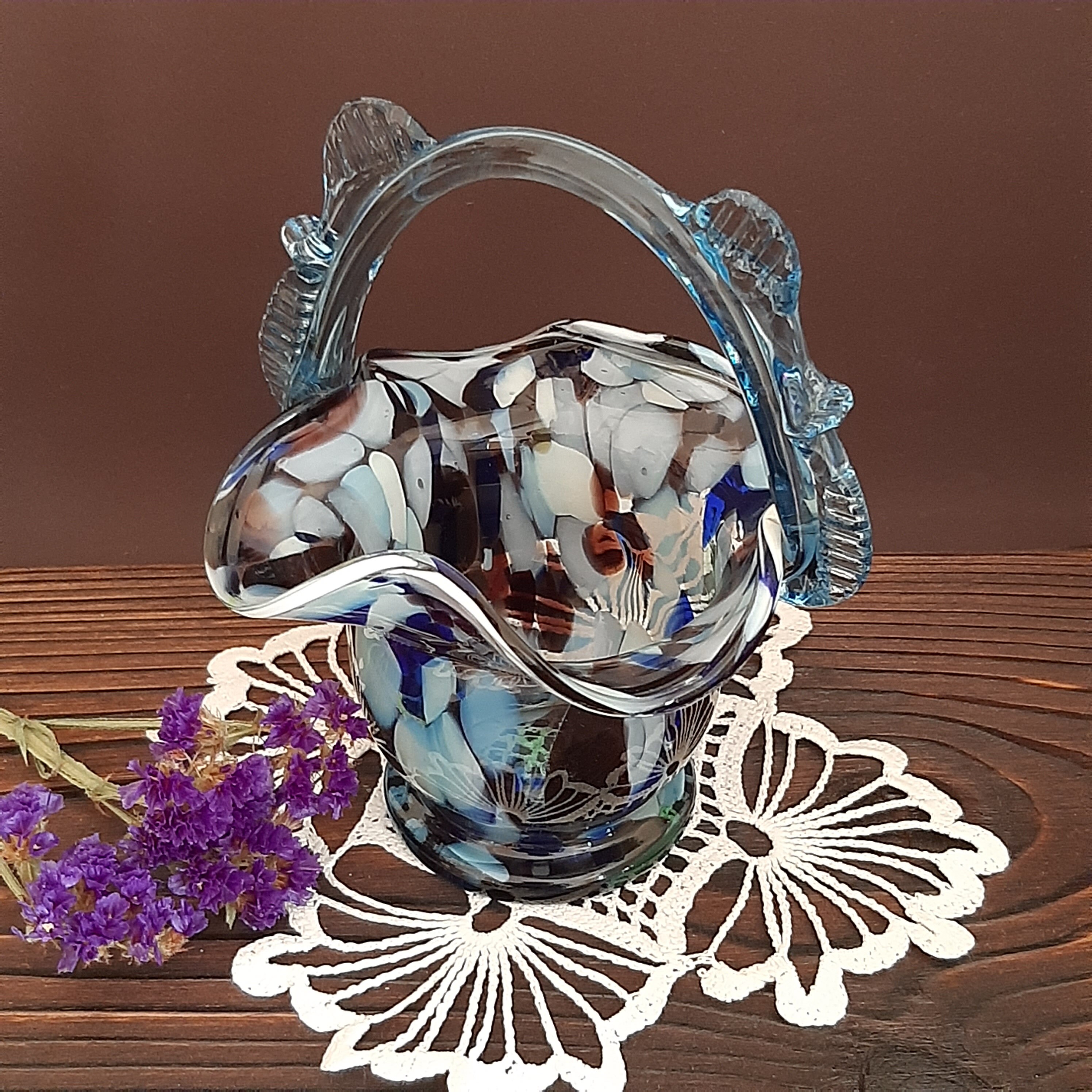 Depression glass basket with handle vintage Decorative glass Etsy