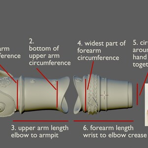 May include: Diagram showing how to measure different parts of the arm for a custom-made garment. The diagram shows the top of the upper arm, bottom of the upper arm, upper arm length, widest part of the forearm, forearm circumference, and forearm length.