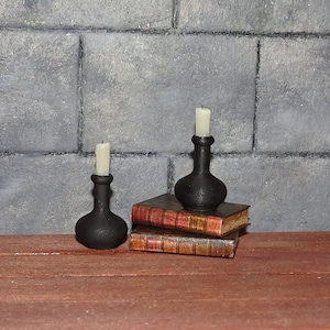 Two miniature  candles on black bottles, dark academia dollhouse, Halloween, horror scene, 1:12 scale