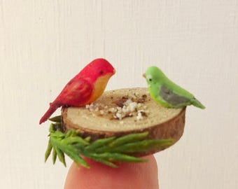 Tiny Birds on Wood Slice, Air Dry Clay Garden Diorama, 1:12 Scale