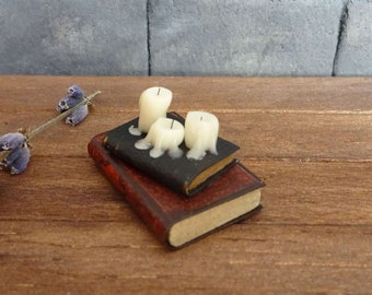 Miniature  dripping candles on books, haunted dollhouse, fairy house, horror scene, 1:12 scale
