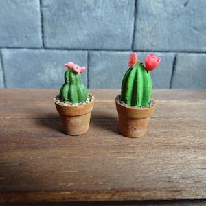 Miniature Flowering Cactus in Old Pot, Dollhouse Plant 1:12 Scale, Rustic Plant Decor