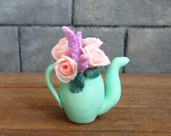 Miniature Teapot with Flowers – Handmade Clay Dollhouse Decor 1:12 Scale Flower Arrangement